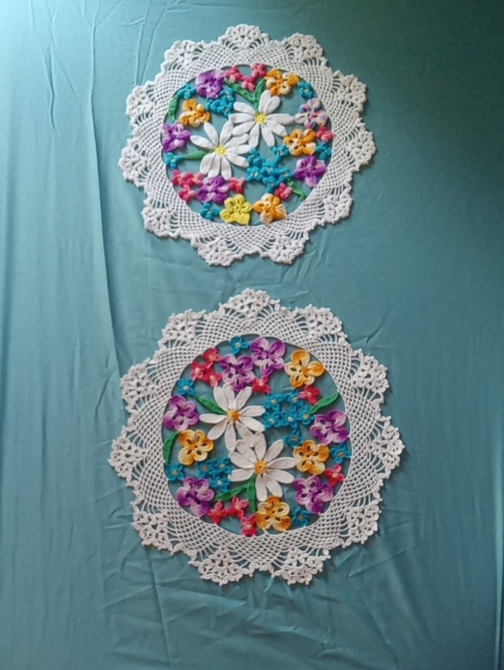 Handmade Crochet Flower Bouquet Doilies 14" & 13" 3D Floral